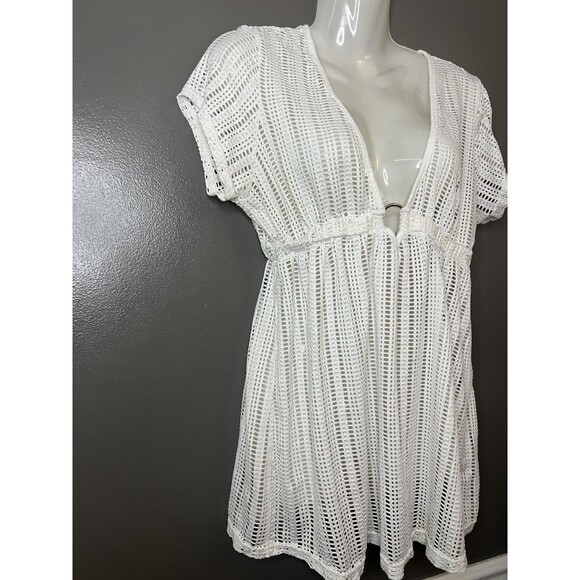White Swimsuit Cover Up Dress Womens Large Crochet Mesh V Neck Beach Tunic - Picture 2 of 7